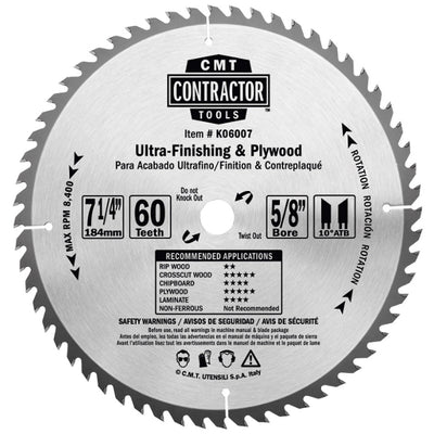 CMT K06007 ITK Contractor Ultra Finish Saw Blade, 7-1/4