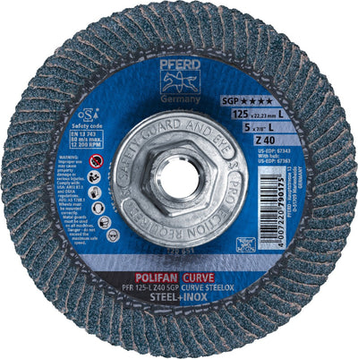  5 in. x 5/8-11 POLIFAN® CURVE Flap Disc, SGP, Zirconia, 40 Grit,